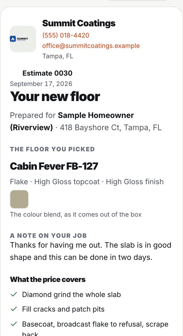 The quote a homeowner receives, headed with the contractor's own logo and phone number