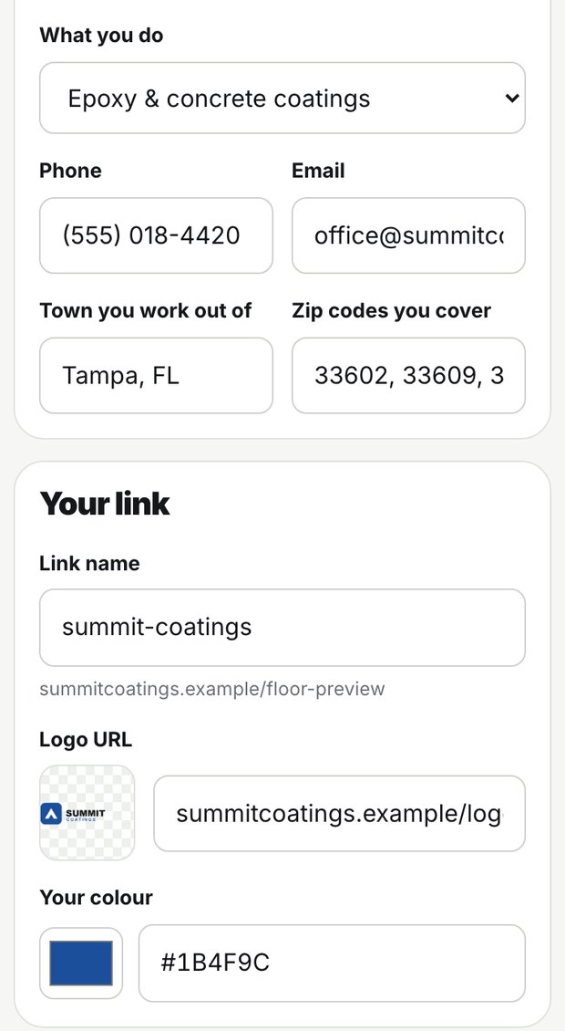 Settings showing the contractor's own logo and brand colour