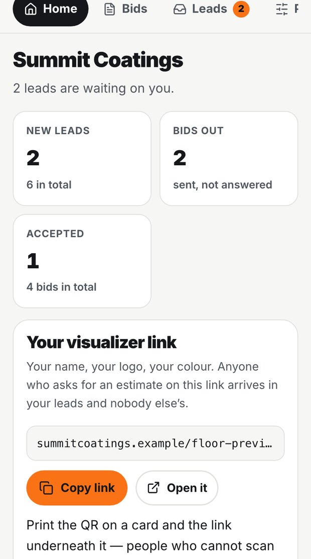 The same business on a phone, showing new leads, bids out and bids accepted