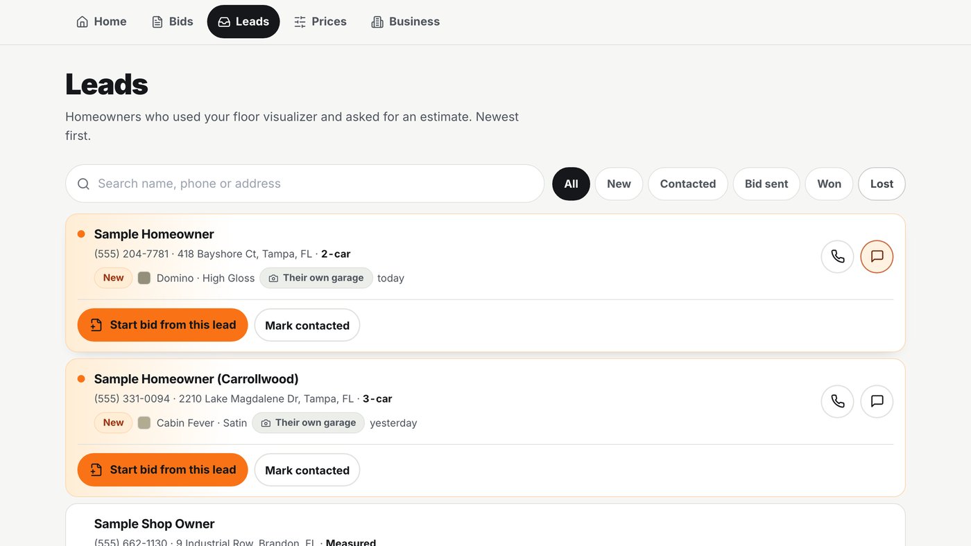 The leads inbox, showing new homeowner enquiries with the colour each one picked